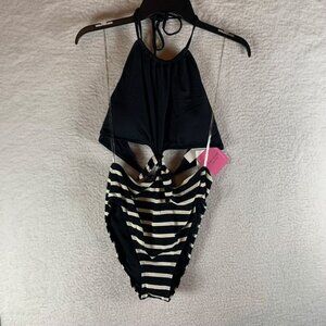 Kate Spade Womens High Neck Halter Monokini Stripe One Piece Swimsuit Size L NWT